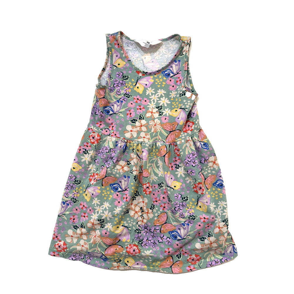 H&M Girls Dress 5-6 Green Floral Butterfly Cottagecore Skater Twirl Sleeveless